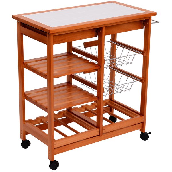 Wooden Rolling Kitchen Cart  Utility Trolley W/ Towel Rack, Drawers & Shelves