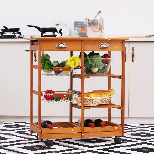 Wooden Rolling Kitchen Cart  Utility Trolley W/ Towel Rack, Drawers & Shelves