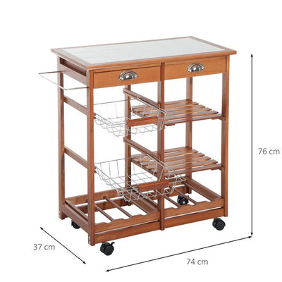 Wooden Rolling Kitchen Cart  Utility Trolley W/ Towel Rack, Drawers & Shelves