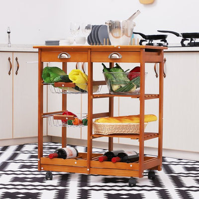 Wooden Rolling Kitchen Cart  Utility Trolley W/ Towel Rack, Drawers & Shelves