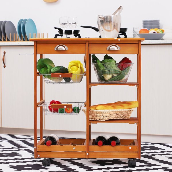 Wooden Rolling Kitchen Cart  Utility Trolley W/ Towel Rack, Drawers & Shelves