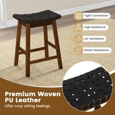 Faux PU Leather Counter Height Stools Set of 2 with Woven Curved Seat-Black &amp; Brown