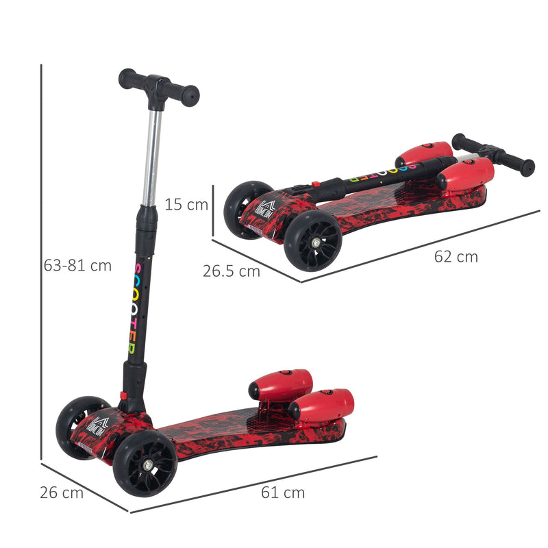 HOMCOM Kids 3 Wheel Kick Scooter Adjustable Height w/ Flashing Wheels Music Water Spray Foldable Design Cool On Off Road Vehicle Red