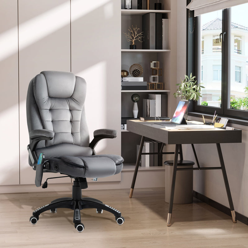 Sillón reclinable de masaje Vinsetto, silla de oficina con calefacción, seis puntos de masaje, tela con tacto aterciopelado, ruedas giratorias de 360°, color gris