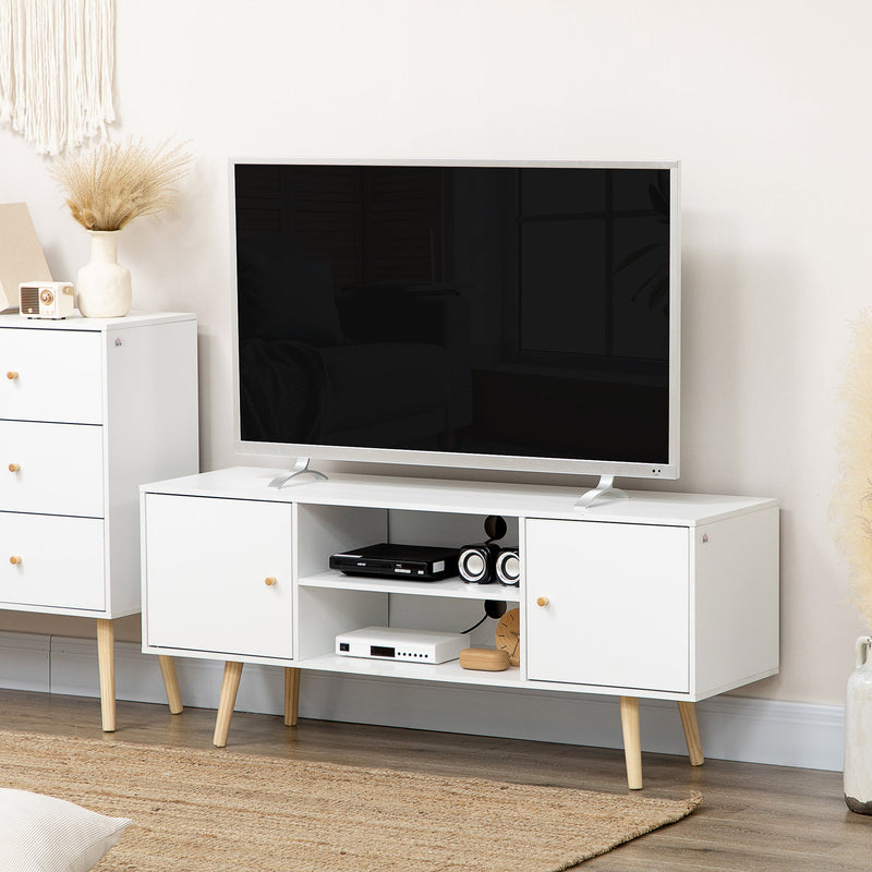 HOMCOM TV Unit Cabinet for TVs up to 55 Inches TV Stand with Storage Shelves and Wood Legs for Living Room White