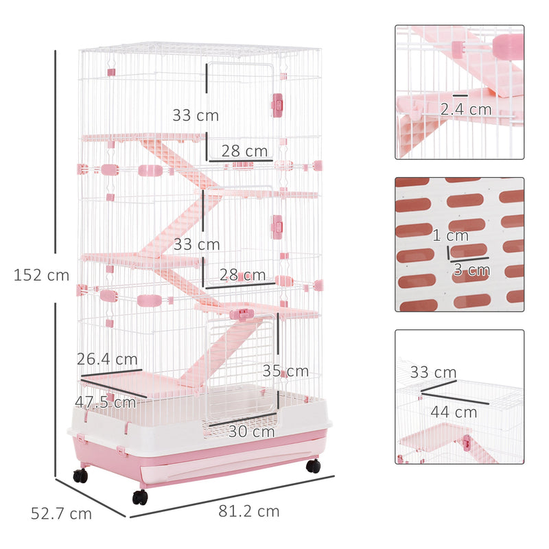 PawHut 6 Levels Small Animal Cage Indoor Bunny House for Ferret Chinchilla with Wheels, Slide-out Tray, Pink