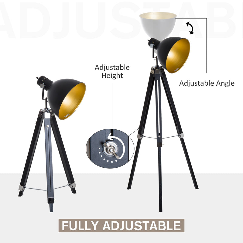 HOMCOM Industrial Floor Lamp for Living Room Tripod Spotlight Reading Lamp w/Wood Legs Metal Shade Adjustable Height Angle Black and Gold