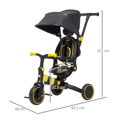 AIYAPLAY 3-in-1 Tricycle for Kids with Aluminium Frame, Baby Trike with Adjustable Push Handle, Canopy and Seat Angle for 18-48 Months, Yellow