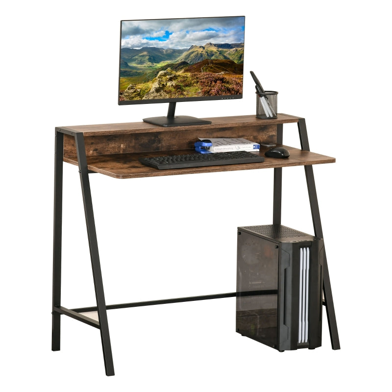 Industrial-Style Writing Desk, With Top Shelf - Brown