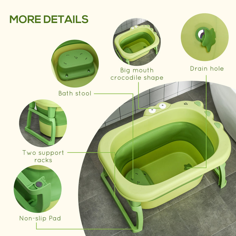 HOMCOM Baby Bath Tub for 0-6 Years Collapsible Non-Slip Portable with Stool Seat for Newborns Infants Toddlers Kids Crocodile Shape Green