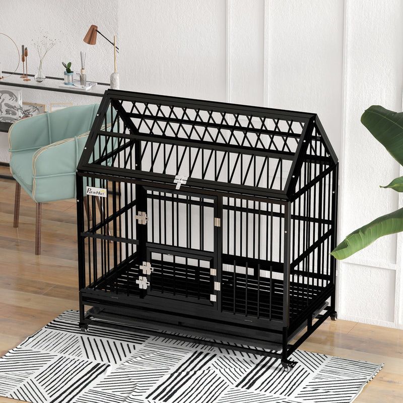 PawHut 49" Heavy Duty Dog Crate on Wheels, with Removable Tray, Openable Top, for L, XL Dogs - Black