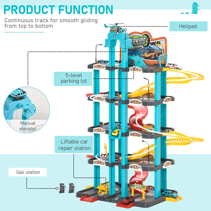 HOMCOM 5-Level Car Parking Garage Toy Race Tracks Car Ramp Set Toddler Car Games w/ Cars & Helicopter Elevator Gas Station Car Repair Station