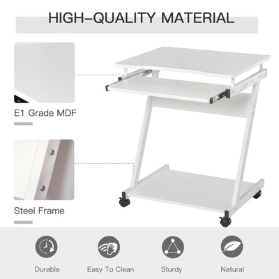 HOMCOM Movable Compact Small Computer PC Desk with 4 Moving Wheels Sliding Keyboard Tray Home Office Gaming Study Workstation White