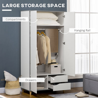 HOMCOM Wardrobe with 2 Doors, 2 Drawers, Hanging Rail, Shelves for Bedroom Clothes Storage Organiser, 89x50x185cm, White