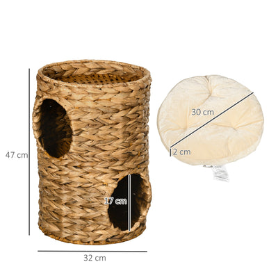 PawHut 47cm Cat Barrel Tree for Indoor Cats with 2 Cat Houses, Kitten Tower with Cushion - Light Brown