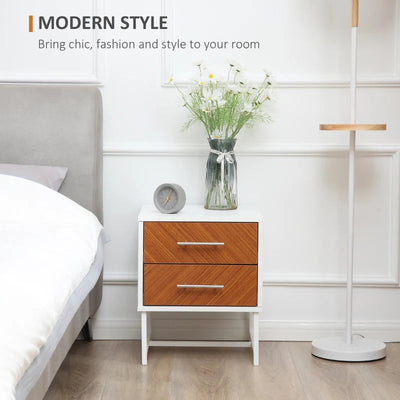 BORO Bedside Table with 2 Drawers and Metal Frame, Sofa Side Table, White and Brown