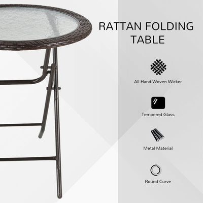 Folding Round Tempered Glass Metal Table With Brown Rattan Edging