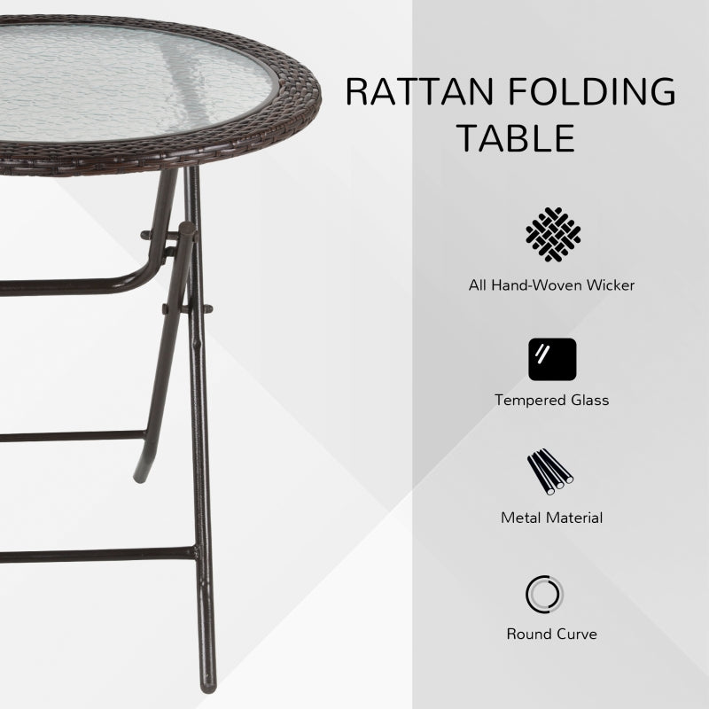 Folding Round Tempered Glass Metal Table With Brown Rattan Edging