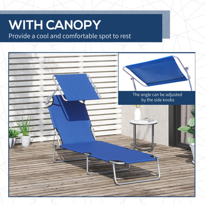 Outsunny 2 Pieces Outdoor Foldable Sun Lounger Set with Removeable Shade Canopy, Patio Recliner Sun Lounger with Adjustable Backrest with Mesh Fabric, Blue