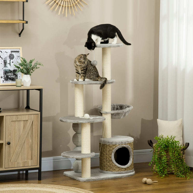 PawHut Cat Tree, 115cm Cat Climbing Tower, kitten Activity Centre with Fluffy House and Hammock, Jute Scratching Post and Hanging Ball, Light Grey