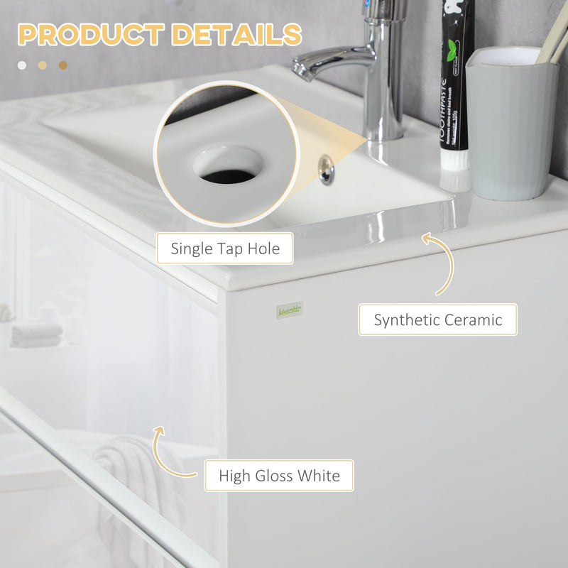 kleankin 600mm Bathroom Vanity Unit with Basin and Single Tap Hole, High Gloss White Floor Standing Bathroom Sink Unit with 2 Drawers