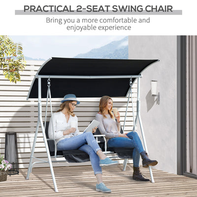 Outsunny 2 Seater Garden Swing Chair Patio Rocking Bench w/ Tilting Canopy, Double Padded Seats, Storage Bag and Tray, Black