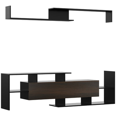 Modern TV Cabinet With Wall Shelf, Black Dark Brown