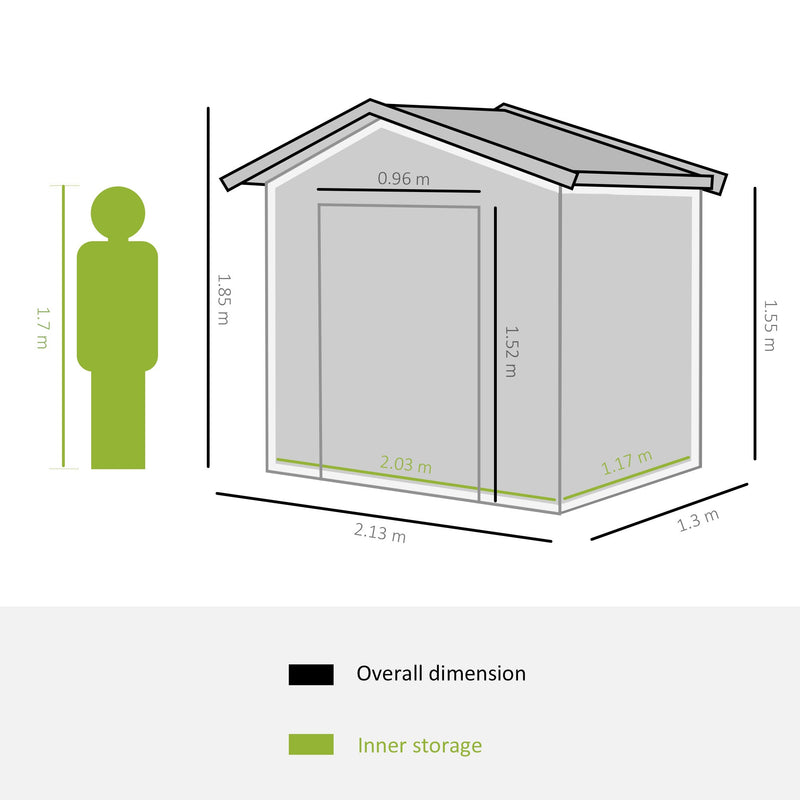 Outsunny 7ft x 4ft Lockable Garden Shed Large Patio Roofed Tool Metal Storage Building Foundation Sheds Box Outdoor Furniture, Green