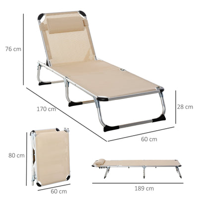 Outsunny 2 Pieces Foldable Sun Lounger with Pillow, 5-Level Adjustable Reclining Lounge Chair, Aluminium Frame Camping Bed Cot, Khaki