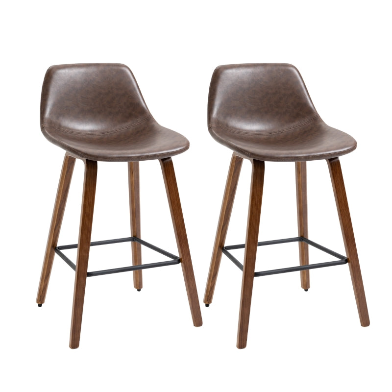 Counter Height Bar Stools Set Of 2 Mid-Back PU With Wood Legs - Brown