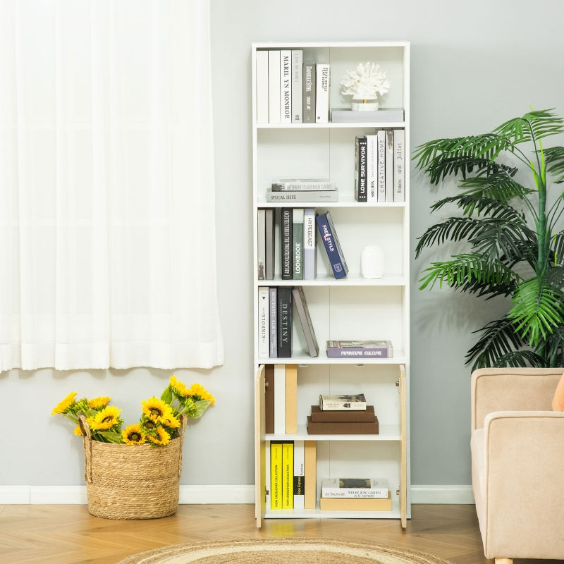 2 Door 4 Shelves Tall Bookcase Modern Storage, White And Oak