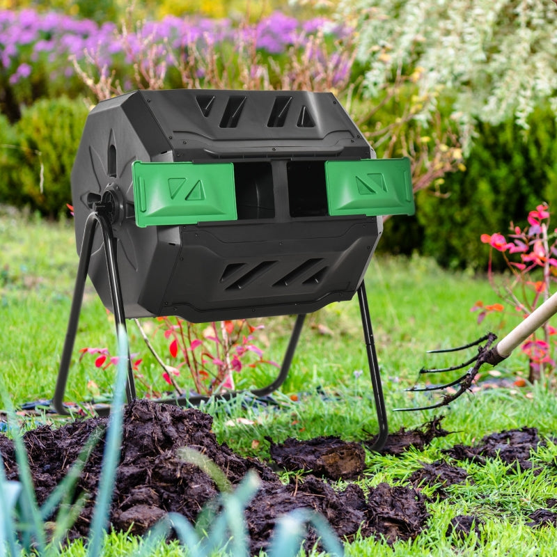 160L Tumbling Compost Bin Outdoor Dual Chamber 360° Rotating Composter, Black