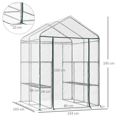 Outsunny 143 x 143 x 195 cm Walk-In Greenhouse 3 Tiers Portable Grow House w/ 8 Shelves, Metal Frame, PVC Film, Transparent