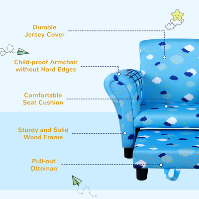 HOMCOM Kids Children Armchair Mini Sofa Wood Frame w/ Footrest Anti-Slip Legs High Back Arms Bedroom Playroom Furniture Cute Cloud Star Blue