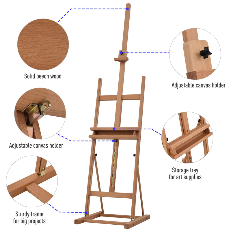 Vinsetto H-Frame Wooden Studio Easel Height Adjustable with Canvas Holder and Pencil Case for Display, Exhibition, Drawing, Painting