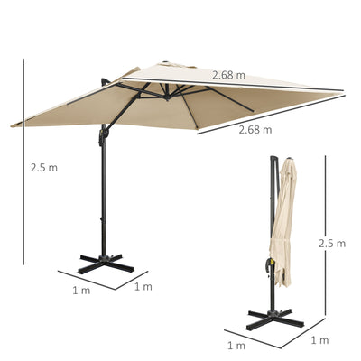 Outsunny 2.7 x 2.7 m Cantilever Parasol, Square Overhanging Umbrella with Cross Base, Crank Handle, Tilt, 360° Rotation, Aluminium Frame, Cream White