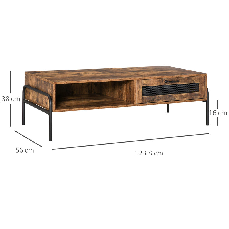 HOMCOM Industrial Coffee Table with Drawer and Open Storage Compartment, Metal Legs, for Living Room, Rustic Brown