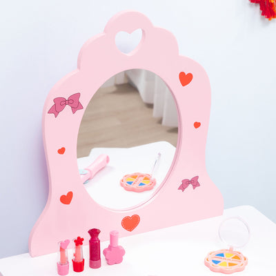 ZONEKIZ Kids Dressing Table Set Kids Vanity Set Girl Makeup Desk with Mirror Stool Drawer Cute Patterns for 3-6 Years Old, Pink