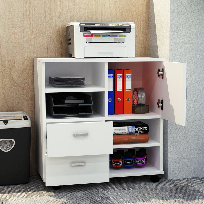 Mobile Storage Cabinet, Drawers, 4 Shelves-White