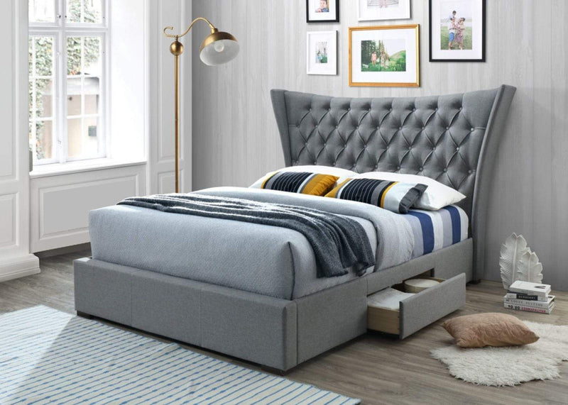 Light Grey Fabric Bed - Large Headboard & Storage - Artisan 4560