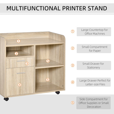 Vinsetto Multipurpose Filing Cabinet Printer Stand Mobile Printer Cabinet with 2 Drawers, Open Adjustable Storage Shelves for Home Office, Oak