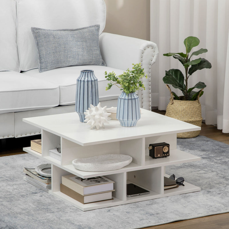 HOMCOM Square Coffee Tables for Living Room, Modern Cocktail Table with Multiple Storage Shelves, 70 x 70 x 36.5 cm, White