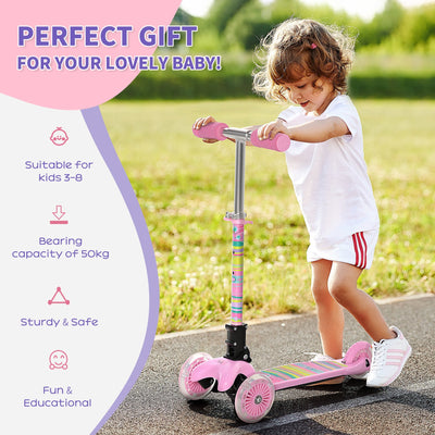 HOMCOM Scooter for Kids Toddler Foldable Kick Scooter with 3 Wheel Adjustable Height Flashing Wheels for Boys and Girls 3-8 Years Pink