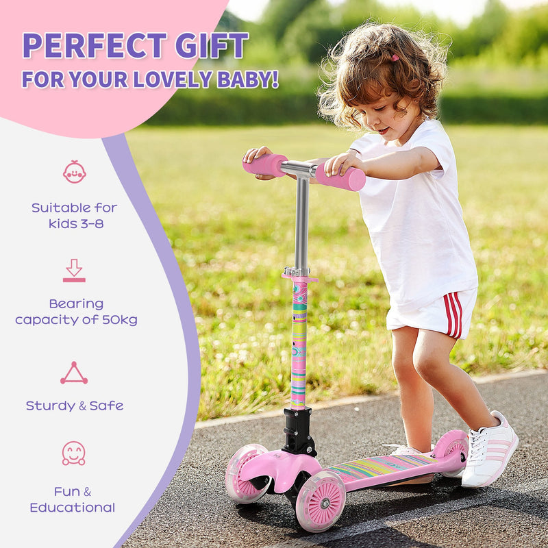 HOMCOM Scooter for Kids Toddler Foldable Kick Scooter with 3 Wheel Adjustable Height Flashing Wheels for Boys and Girls 3-8 Years Pink