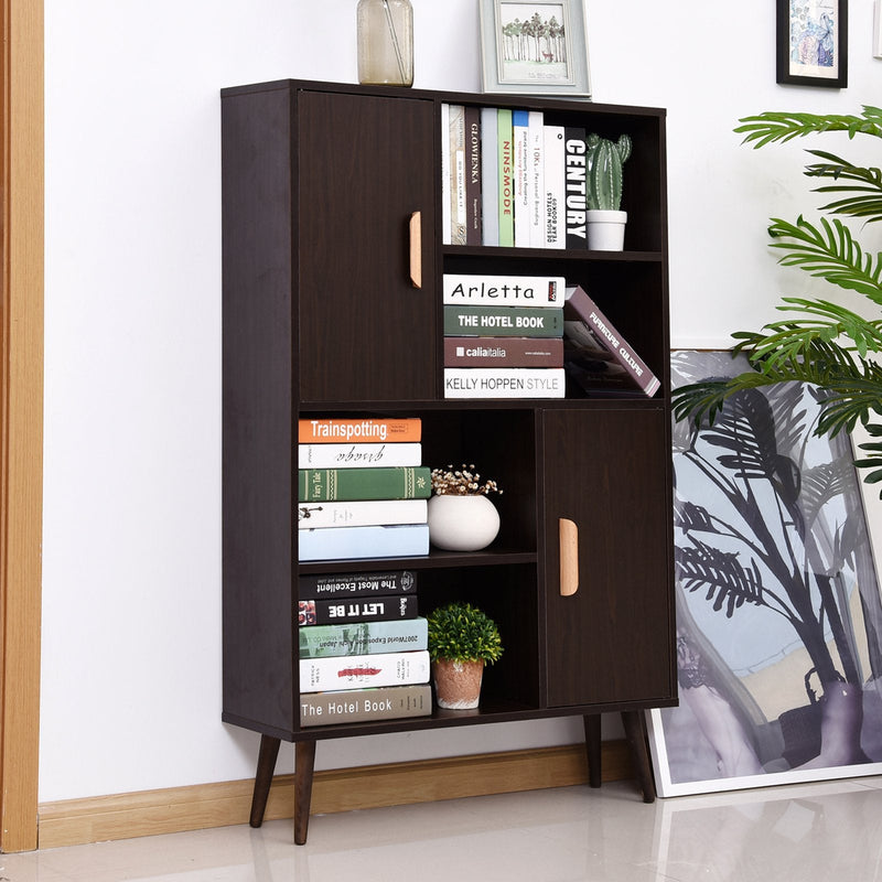 Free Standing Bookcase Shelves W/ Two Doors, 80L X 23.5W 123Hcm - Walnut