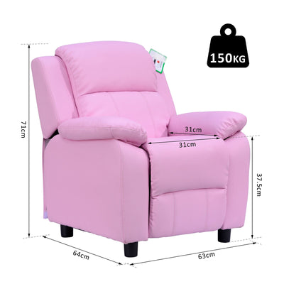 HOMCOM Kids Children Recliner Lounger Armchair Games Chair Sofa Seat PU Leather Look w/ Storage Space on Arms (Pink)