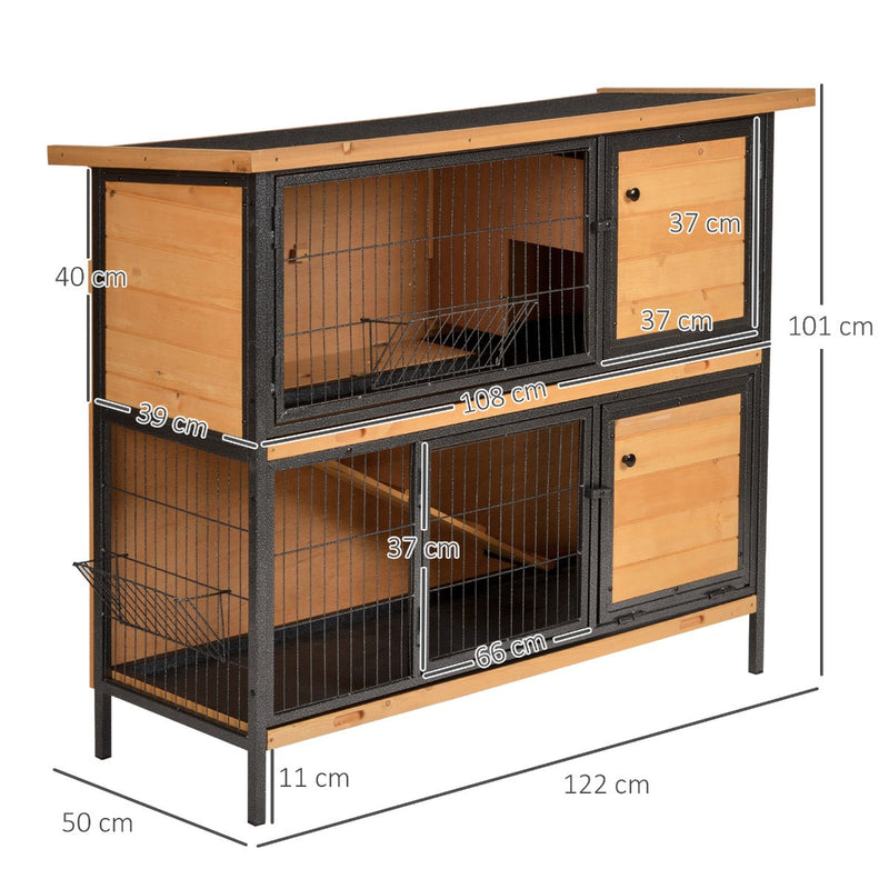 PawHut 2-Floor Wooden Guinea Pigs Hutches Bunny Cage Metal Frame Pet House with Slide-Out Tray Feeding Trough Ramp Lockable Door Openable Roof