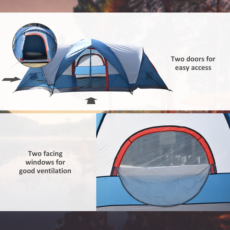 Outsunny 3-4 Man Camping Tent with 2 Rooms, Dome Tent with 2 Doors, Portable Carry Bag, UV Protection, for Fishing, Hiking - Blue