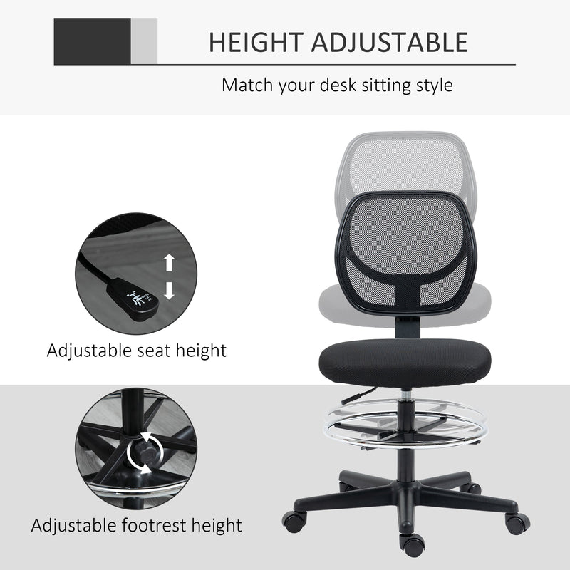 Vinsetto Ergonomic Mesh Standing Desk Chair with Adjustable Footrest Ring and Seat Height Black