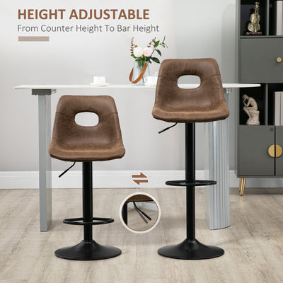 HOMCOM Bar Stools Set of 2, Adjustable Breakfast Dining Stools with Backrest, Footrest, Brown